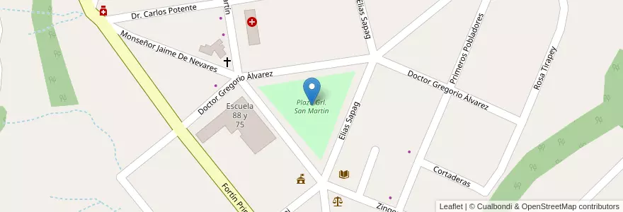 Mapa de ubicacion de Plaza Grl. San Martín en 아르헨티나, 칠레, 네우켄주, Departamento Catán Lil, Límite Municipio De Las Coloradas, Las Coloradas.