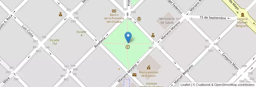 Mapa de ubicacion de Plaza Guillermo Rawson en Argentina, Chubut, Departamento Rawson, Rawson.