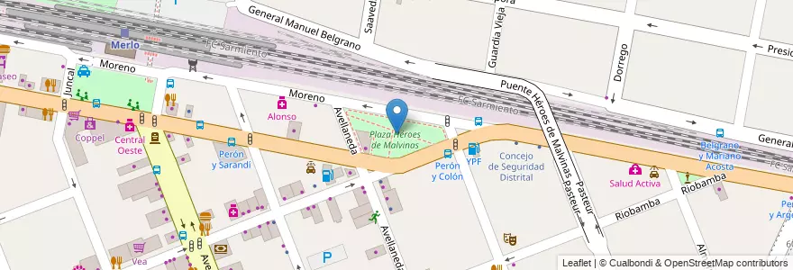 Mapa de ubicacion de Plaza Héroes de Malvinas en アルゼンチン, ブエノスアイレス州, Partido De Merlo, Merlo.