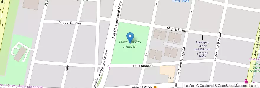 Mapa de ubicacion de Plaza Hipólito Irigoyen en アルゼンチン, チリ, メンドーサ州, Departamento Capital, Ciudad De Mendoza.