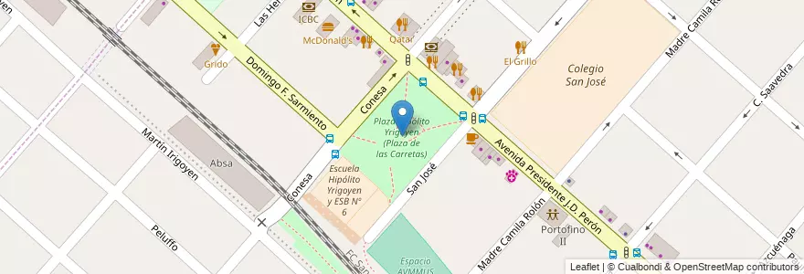Mapa de ubicacion de Plaza Hipólito Yrigoyen (Plaza de las Carretas) en آرژانتین, استان بوئنوس آیرس, Partido De San Miguel, Muñiz.