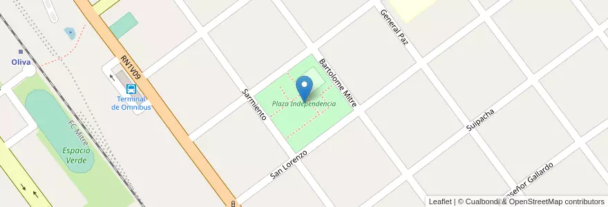 Mapa de ubicacion de Plaza Independencia en アルゼンチン, コルドバ州, Departamento Tercero Arriba, Pedanía Zorros, Municipio De Oliva, Oliva.