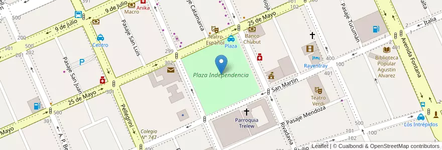 Mapa de ubicacion de Plaza Independencia en Argentina, Chubut, Trelew, Departamento Rawson.