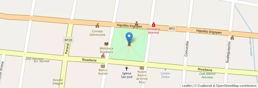 Mapa de ubicacion de Plaza Independencia en アルゼンチン, エントレ・リオス州, Departamento Feliciano, Distrito Basualdo, San José De Feliciano.