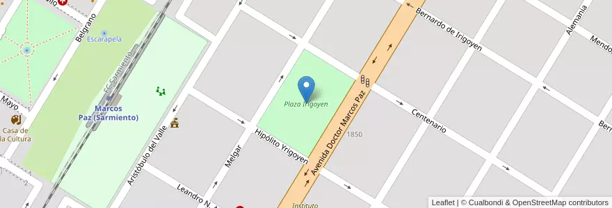 Mapa de ubicacion de Plaza Irigoyen en Argentinië, Buenos Aires, Partido De Marcos Paz, Marcos Paz.