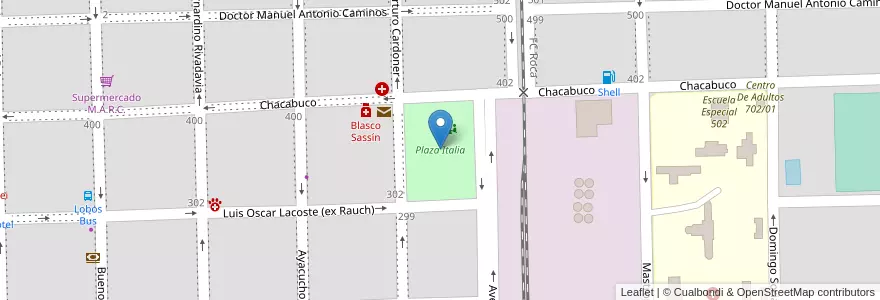 Mapa de ubicacion de Plaza Italia en Arjantin, Buenos Aires, Partido De Lobos, Lobos.