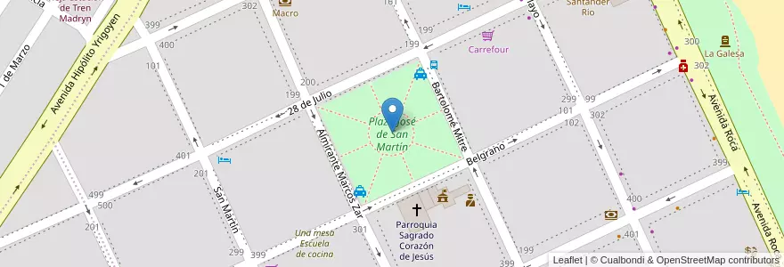 Mapa de ubicacion de Plaza José de San Martín en Arjantin, Chubut, Puerto Madryn, Departamento Biedma.