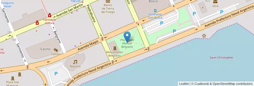 Mapa de ubicacion de Plaza Juan Manuel Belgrano en Аргентина, Ушуая (Департамент), Чили, Огненная Земля, Антарктида И Острова Южной Атлантики, Ushuaia.