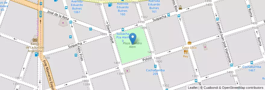 Mapa de ubicacion de Plaza Leandro Alem en Argentinien, Provinz Córdoba, Departamento Capital, Pedanía Capital, Córdoba, Municipio De Córdoba.