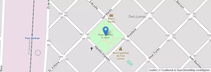 Mapa de ubicacion de Plaza Leandro N. Alem en Argentinië, Buenos Aires, Partido De Tres Lomas, Tres Lomas.