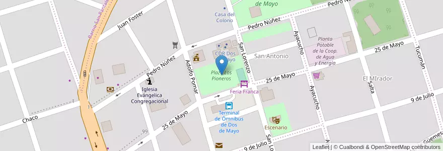 Mapa de ubicacion de Plaza Los Pioneros en Argentinië, Misiones, Departamento Cainguás, Municipio De Dos De Mayo, Dos De Mayo.