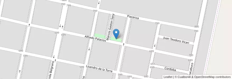 Mapa de ubicacion de Plaza Malvinas Argentinas en Argentina, Córdoba, Departamento Marcos Juárez, Pedanía Saladillo, Municipio De Monte Buey, Monte Buey.