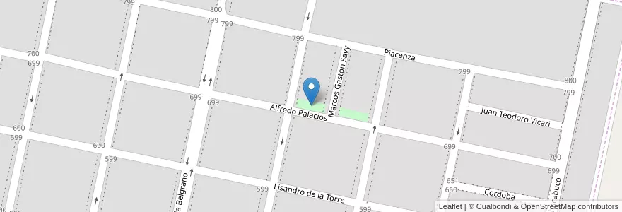 Mapa de ubicacion de Plaza Malvinas Argentinas en Argentinië, Córdoba, Departamento Marcos Juárez, Pedanía Saladillo, Municipio De Monte Buey, Monte Buey.