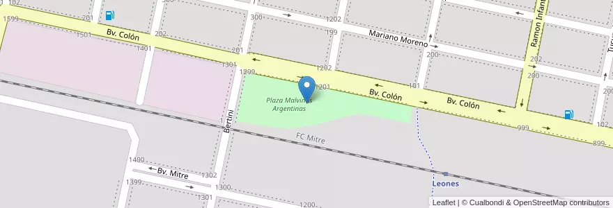 Mapa de ubicacion de Plaza Malvinas Argentinas en Argentinien, Provinz Córdoba, Departamento Marcos Juárez, Pedanía Espinillos, Municipio De Leones, Leones.