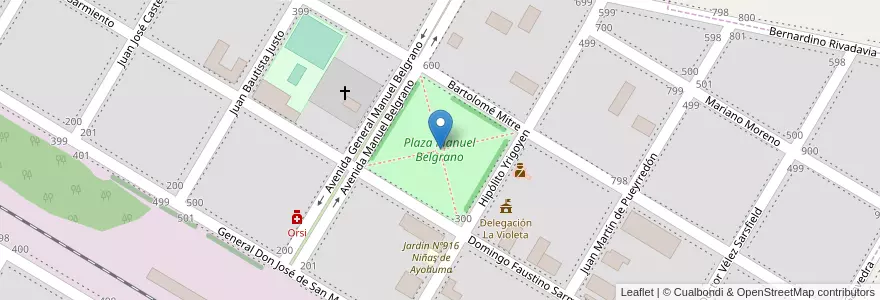 Mapa de ubicacion de Plaza Manuel Belgrano en 阿根廷, 布宜诺斯艾利斯省, Partido De Pergamino, La Violeta.
