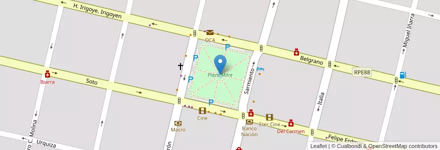Mapa de ubicacion de Plaza Mitre en Argentinië, Córdoba, Departamento San Javier, Pedanía Dolores, Municipio De Villa Dolores, Villa Dolores.