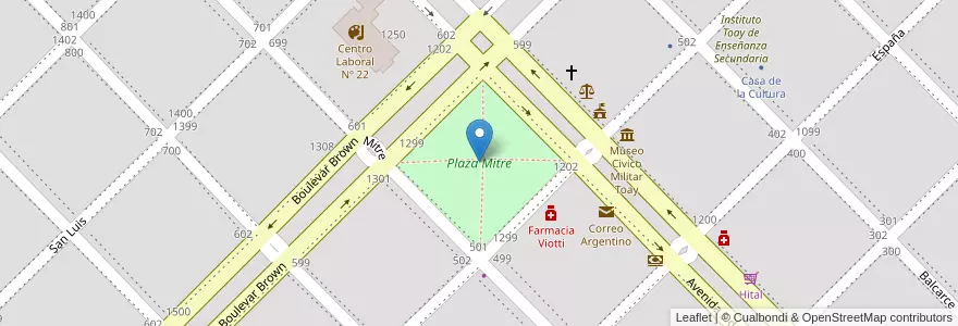 Mapa de ubicacion de Plaza Mitre en 阿根廷, La Pampa, Departamento Toay, Municipio De Toay, Toay.