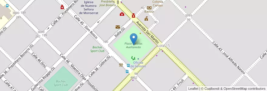 Mapa de ubicacion de Plaza Nicolas Avellaneda en Argentinië, Córdoba, Departamento Colón, Pedanía Cañas, Municipio De Colonia Caroya, Colonia Caroya.
