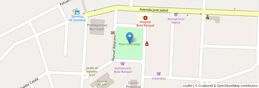 Mapa de ubicacion de Plaza Olascoaga en Arjantin, Şili, Neuquén, Departamento Pehuenches, Buta Ranquil.