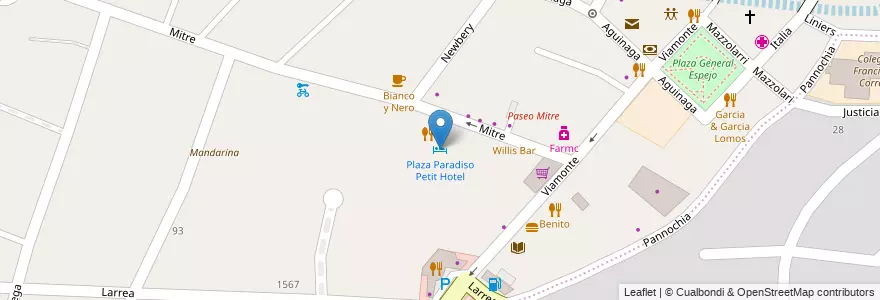 Mapa de ubicacion de Plaza Paradiso Petit Hotel en 아르헨티나, 칠레, Mendoza, Departamento Luján De Cuyo, Luján De Cuyo, Distrito Vistabla.