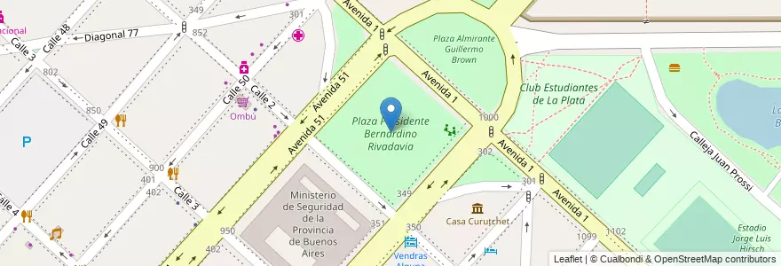 Mapa de ubicacion de Plaza Presidente Bernardino Rivadavia, Casco Urbano en 阿根廷, 布宜诺斯艾利斯省, Partido De La Plata, La Plata.