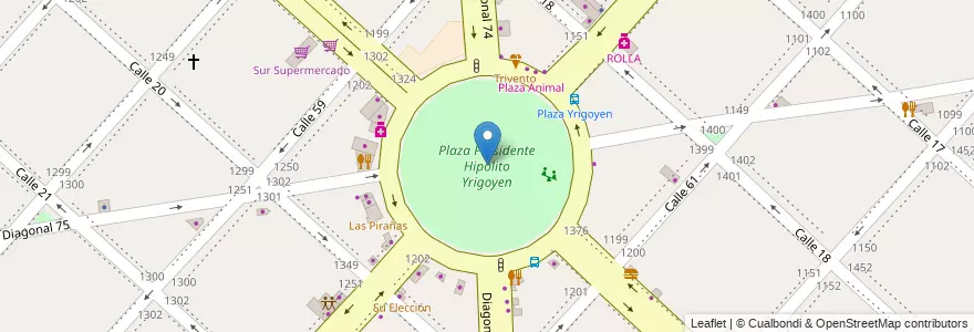 Mapa de ubicacion de Plaza Presidente Hipólito Yrigoyen, Casco Urbano en アルゼンチン, ブエノスアイレス州, Partido De La Plata, La Plata.