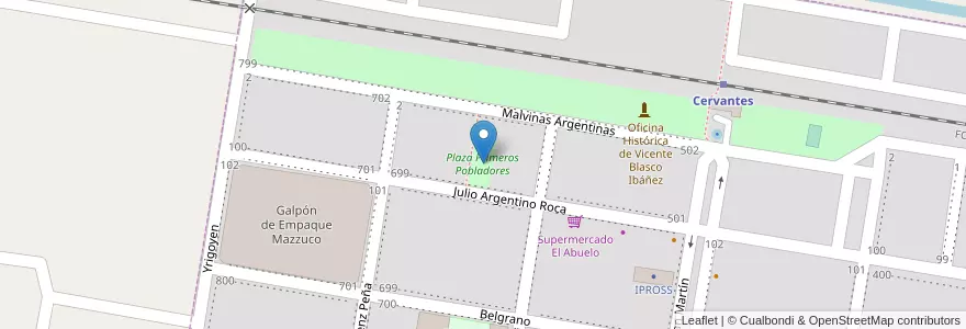 Mapa de ubicacion de Plaza Primeros Pobladores en Argentina, Provincia Di Río Negro, Departamento General Roca, Municipio De Cervantes, Cervantes.