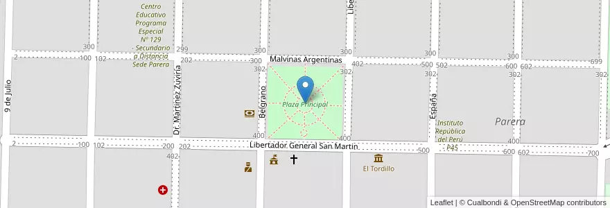 Mapa de ubicacion de Plaza Principal en Arjantin, La Pampa, Departamento Rancul, Municipio De Parera.