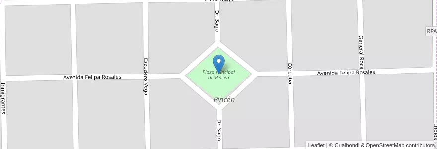 Mapa de ubicacion de Plaza Principal de Pincen en アルゼンチン, コルドバ州, Departamento General Roca, Pedanía Italó, Comuna De Pincén, Pincén.