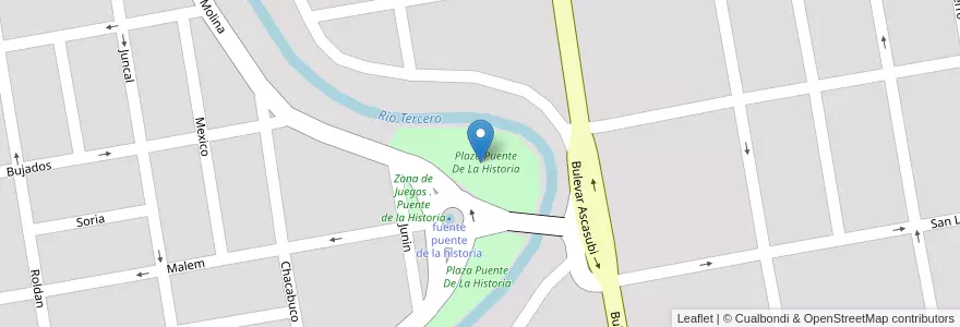 Mapa de ubicacion de Plaza Puente De La Historia en 아르헨티나, Córdoba, Departamento Unión, Pedanía Bell Ville, Municipio De Bell Ville, Bell Ville.