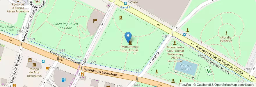 Mapa de ubicacion de Plaza República Oriental del Uruguay, Recoleta en 아르헨티나, Ciudad Autónoma De Buenos Aires, Comuna 2, 부에노스아이레스.