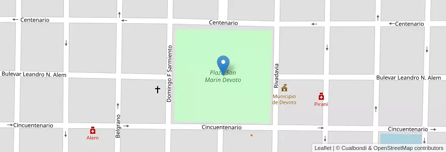 Mapa de ubicacion de Plaza San Marin Devoto en Arjantin, Córdoba, Departamento San Justo, Pedanía Juárez Celman, Municipio De Devoto, Devoto.