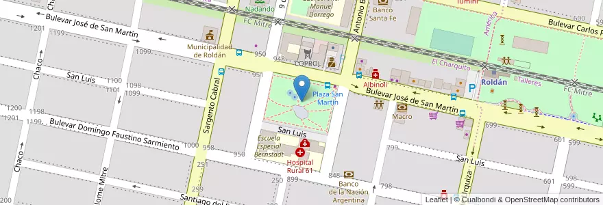 Mapa de ubicacion de Plaza San Martín en 阿根廷, Santa Fe, Departamento San Lorenzo, Municipio De Roldán, Roldán.