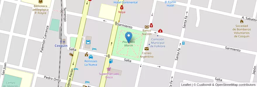 Mapa de ubicacion de Plaza San Martín en Arjantin, Córdoba, Departamento Punilla, Pedanía Rosario, Municipio De Cosquín, Cosquín.