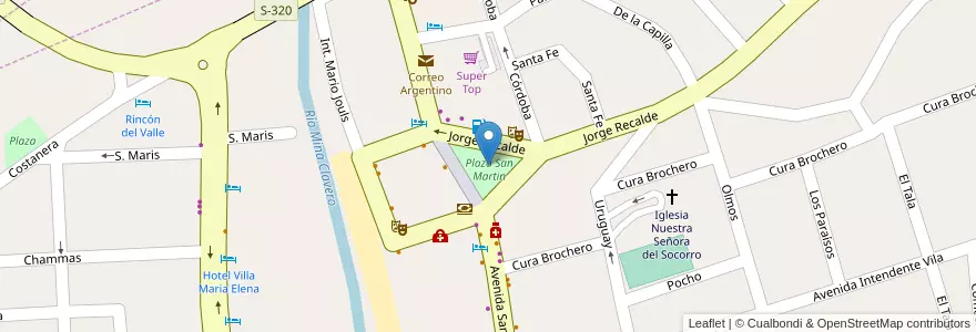 Mapa de ubicacion de Plaza San Martin en Argentinien, Provinz Córdoba, Departamento San Alberto, Pedanía Tránsito, Mina Clavero, Municipio De Mina Clavero.