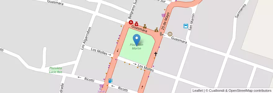 Mapa de ubicacion de Plaza San Martin en Argentinien, Provinz Córdoba, Departamento San Javier, Municipio De Villa De Las Rosas, Pedanía Rosas, Villa Las Rosas.
