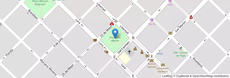 Mapa de ubicacion de Plaza San Martín en アルゼンチン, ブエノスアイレス州, Partido De Cañuelas, Cañuelas.