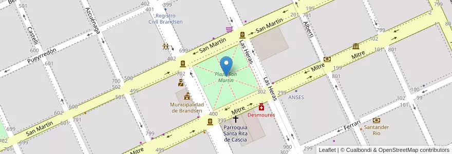 Mapa de ubicacion de Plaza San Martín en 阿根廷, 布宜诺斯艾利斯省, Brandsen.