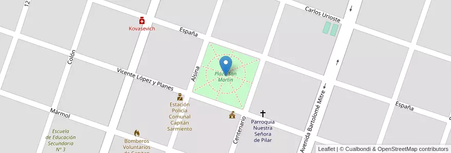 Mapa de ubicacion de Plaza San Martín en アルゼンチン, ブエノスアイレス州, Partido De Capitán Sarmiento, Capitán Sarmiento.