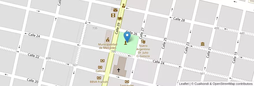 Mapa de ubicacion de Plaza San Martín en アルゼンチン, ブエノスアイレス州, Partido De Mercedes, Mercedes.