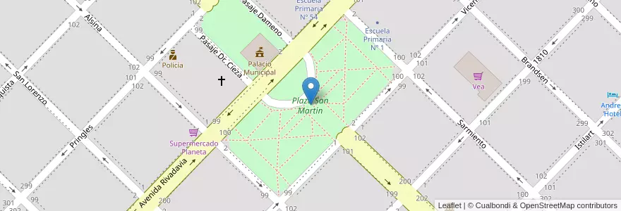 Mapa de ubicacion de Plaza San Martín en Argentinië, Buenos Aires, Partido De Tres Arroyos, Tres Arroyos.