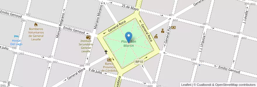 Mapa de ubicacion de Plaza San Martín en アルゼンチン, コルドバ州, Departamento Presidente Roque Sáenz Peña, Pedanía La Amarga, Municipio De General Levalle, General Levalle.