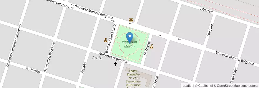 Mapa de ubicacion de Plaza San Martín en アルゼンチン, ラ・パンパ州, Departamento Trenel, Municipio De Arata.
