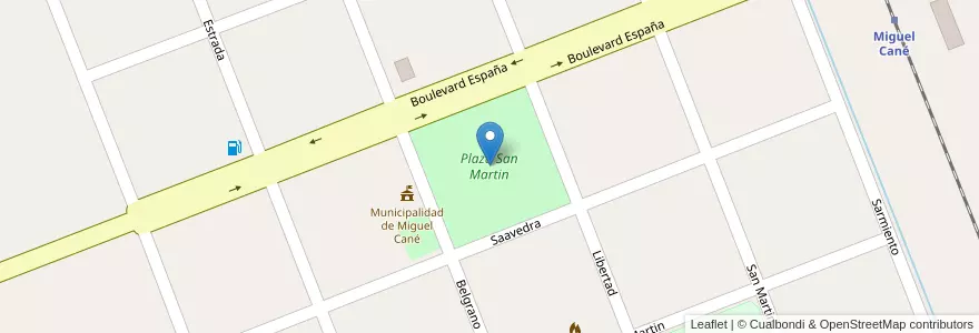 Mapa de ubicacion de Plaza San Martin en アルゼンチン, ラ・パンパ州, Departamento Quemú Quemú, Municipio De Miguel Cané, Miguel Cané.