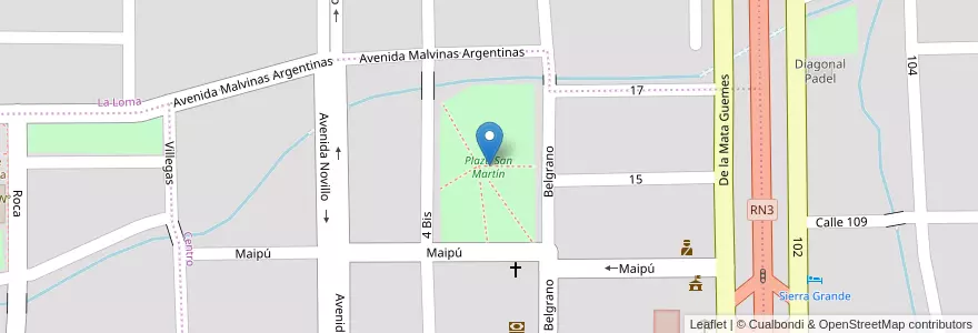 Mapa de ubicacion de Plaza San Martín en アルゼンチン, リオネグロ州, Departamento San Antonio, Sierra Grande, Sierra Grande.