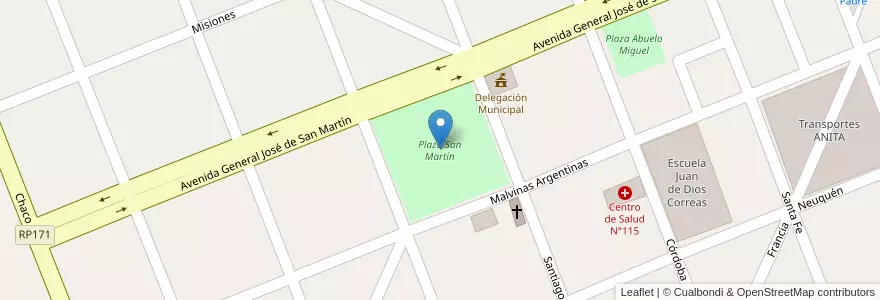 Mapa de ubicacion de Plaza San Martín en アルゼンチン, チリ, メンドーサ州, Departamento San Rafael, Distrito Real Del Padre.