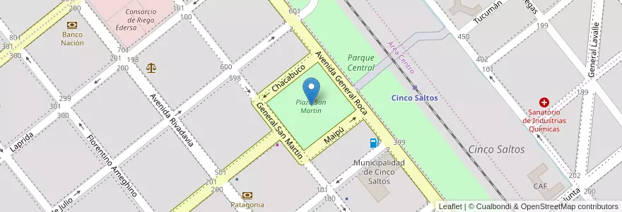 Mapa de ubicacion de Plaza San Martin en آرژانتین, شیلی, استان ریو نگرو، آرژانتین, Municipio De Cinco Saltos, Departamento General Roca.
