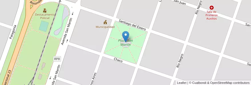 Mapa de ubicacion de Plaza San Martín en الأرجنتين, تشيلي, ريو نيغرو, Departamento Veinticinco De Mayo, Los Menucos.