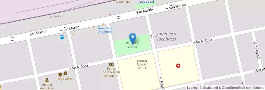 Mapa de ubicacion de Plaza San Martín en アルゼンチン, チリ, リオネグロ州, Departamento Veinticinco De Mayo, Ingeniero Jacobacci.