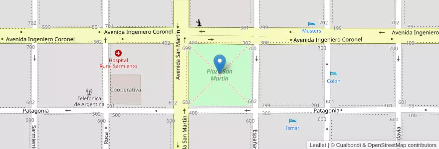 Mapa de ubicacion de Plaza San Martín en Argentinië, Chili, Chubut, Departamento Sarmiento, Sarmiento.